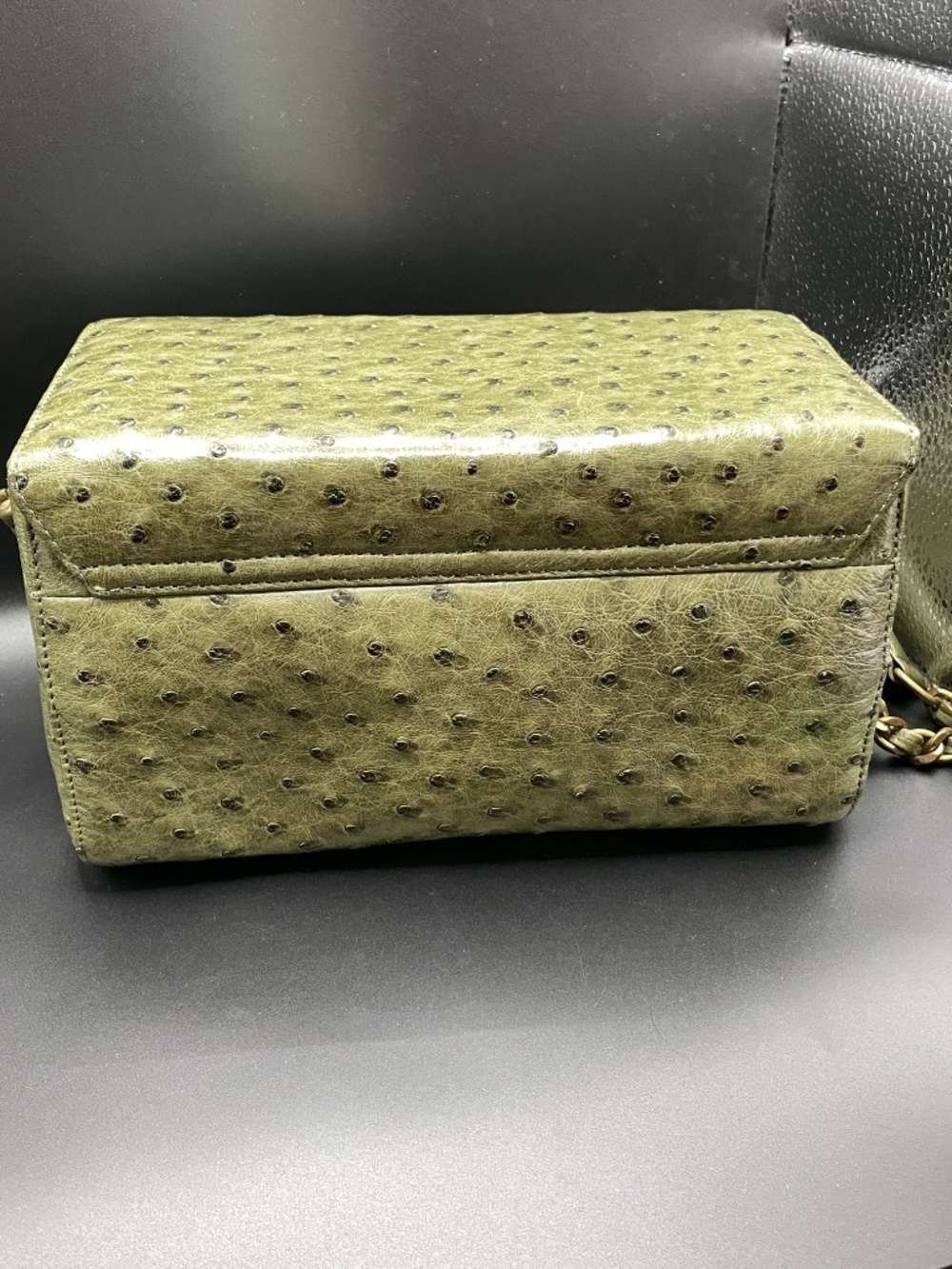 Vintage SMK Faux Ostrich Leather Olive Green Box Purse Handbag Cosmetic Case - Picture 2 of 15